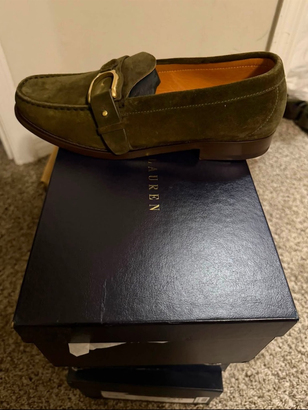 Ralph Lauren Purple Label Olive Green Suede Bit Loafers